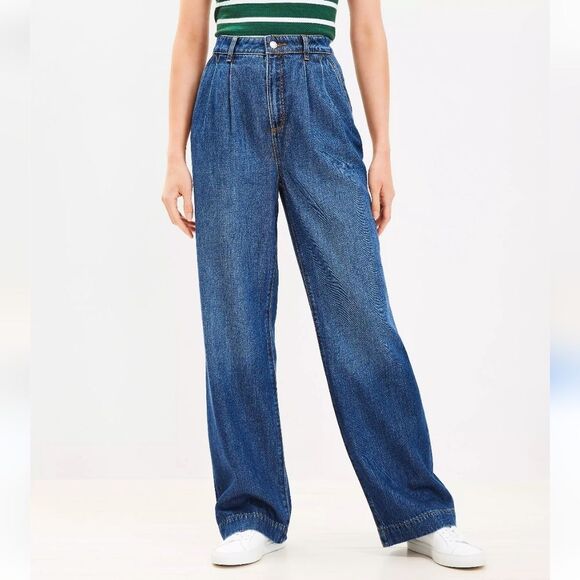 Loft High Rise Palazzo Jeans in Dark Rinse Size 32 - Picture 1 of 14